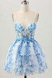 White Blue Flower A-Line Sequins Corset Tiered Short Homecoming Dress