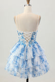 White Blue Flower A-Line Sequins Corset Tiered Short Homecoming Dress