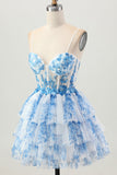 White Blue Flower A-Line Sequins Corset Tiered Short Homecoming Dress