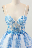 White Blue Flower A-Line Sequins Corset Tiered Short Homecoming Dress