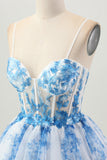 White Blue Flower A-Line Sequins Corset Tiered Short Homecoming Dress