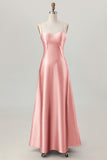 Dusty Sage A-Line Spaghetti Straps Satin Long Bridesmaid Dress with Lace Up Back