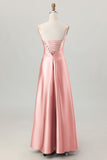 Dusty Sage A-Line Spaghetti Straps Satin Long Bridesmaid Dress with Lace Up Back