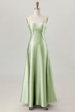 Dusty Sage A-Line Spaghetti Straps Satin Long Bridesmaid Dress with Lace Up Back