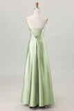 Dusty Sage A-Line Spaghetti Straps Satin Long Bridesmaid Dress with Lace Up Back