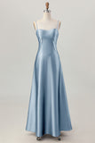 Dusty Sage A-Line Spaghetti Straps Satin Long Bridesmaid Dress with Lace Up Back