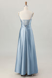 Dusty Sage A-Line Spaghetti Straps Satin Long Bridesmaid Dress with Lace Up Back
