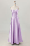 Dusty Sage A-Line Spaghetti Straps Satin Long Bridesmaid Dress with Lace Up Back