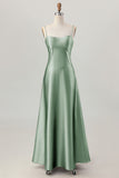 Dusty Sage A-Line Spaghetti Straps Satin Long Bridesmaid Dress with Lace Up Back