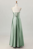 Dusty Sage A-Line Spaghetti Straps Satin Long Bridesmaid Dress with Lace Up Back