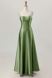 Dusty Sage A-Line Spaghetti Straps Satin Long Bridesmaid Dress with Lace Up Back