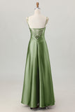 Dusty Sage A-Line Spaghetti Straps Satin Long Bridesmaid Dress with Lace Up Back