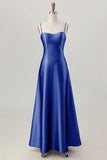 Dusty Sage A-Line Spaghetti Straps Satin Long Bridesmaid Dress with Lace Up Back