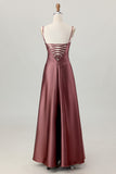 Dusty Sage A-Line Spaghetti Straps Satin Long Bridesmaid Dress with Lace Up Back