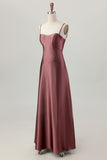 Dusty Sage A-Line Spaghetti Straps Satin Long Bridesmaid Dress with Lace Up Back