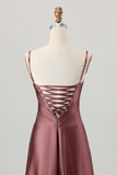 Dusty Sage A-Line Spaghetti Straps Satin Long Bridesmaid Dress with Lace Up Back