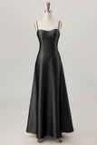 Dusty Sage A-Line Spaghetti Straps Satin Long Bridesmaid Dress with Lace Up Back