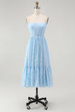 Strapless Sky Blue A Line Corset Midi Bridesmaid Dress