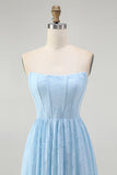 Strapless Sky Blue A Line Corset Midi Bridesmaid Dress