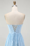 Strapless Sky Blue A Line Corset Midi Bridesmaid Dress