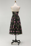 Black Pink Floral A Line Strapless Midi Bridesmaid Dress