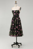 Black Pink Floral A Line Strapless Midi Bridesmaid Dress