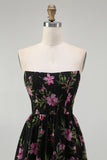 Black Pink Floral A Line Strapless Midi Bridesmaid Dress