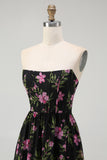 Black Pink Floral A Line Strapless Midi Bridesmaid Dress