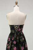 Black Pink Floral A Line Strapless Midi Bridesmaid Dress