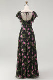 Black Pink Flower A-Line Square Neck Printed Long Bridesmaid Dress with Flutter Sleeves
