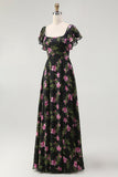Black Pink Flower A-Line Square Neck Printed Long Bridesmaid Dress with Flutter Sleeves