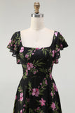 Black Pink Flower A-Line Square Neck Printed Long Bridesmaid Dress with Flutter Sleeves