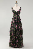 Black Pink Floral Tiered Chiffon Long Bridesmaid Dress with Adjustable Straps