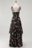 Black Pink Floral Tiered Chiffon Long Bridesmaid Dress with Adjustable Straps