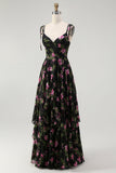 Black Pink Floral Tiered Chiffon Long Bridesmaid Dress with Adjustable Straps