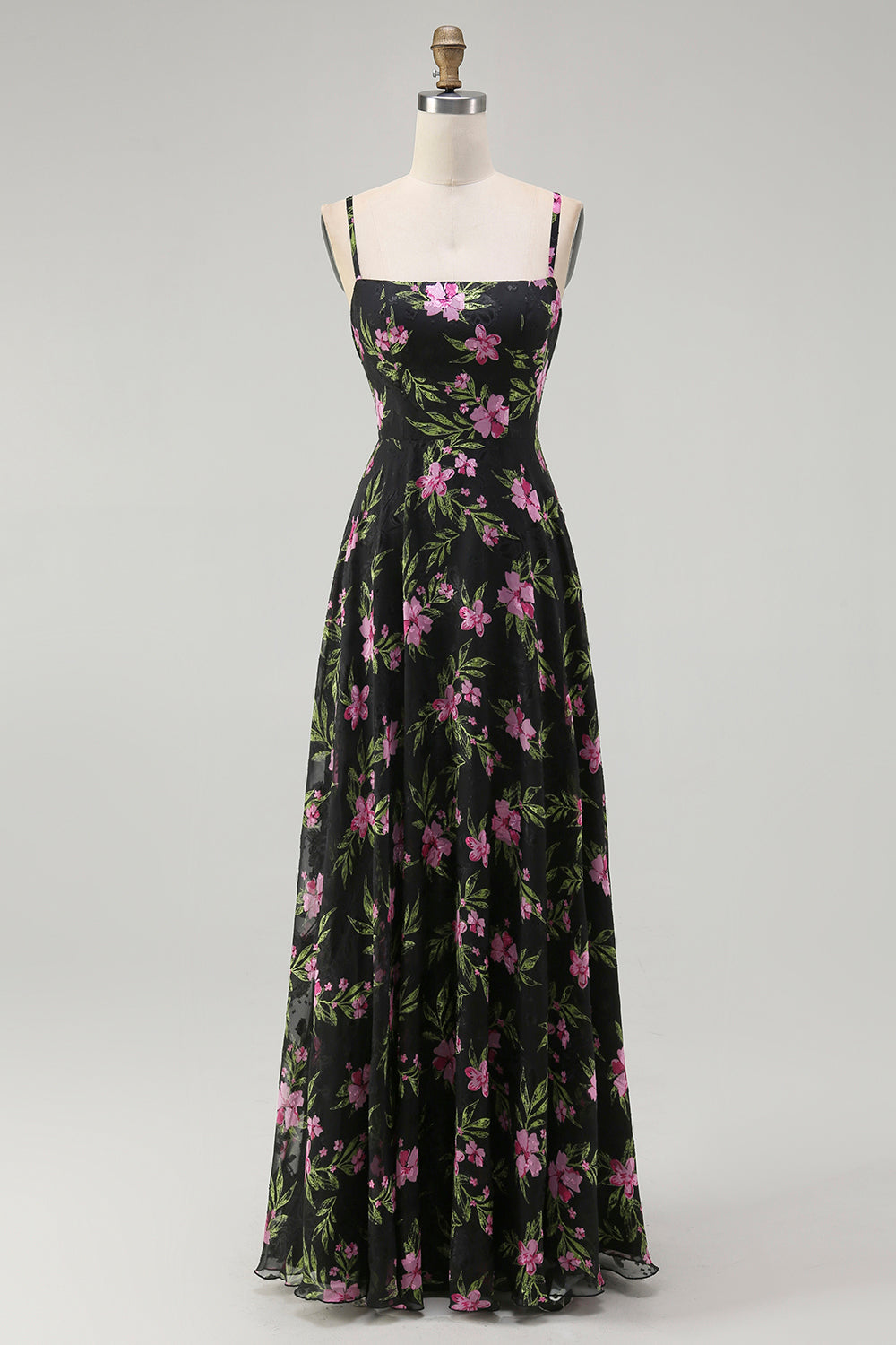 WEDTREND Women Black Pink Floral Long Bridesmaid Dress A Line Spaghetti Straps Backless Chiffon Wedding Guest Dress WEDTREND Women Black Pink Floral Long Bridesmaid Dress A Line Spaghetti Straps Backless Chiffon Wedding Guest Dress
