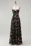 Black Pink Floral A Line Spaghetti Straps Backless Chiffon Long Bridesmaid Dress