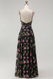 Black Pink Floral A Line Spaghetti Straps Backless Chiffon Long Bridesmaid Dress