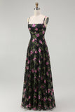 Black Pink Floral A Line Spaghetti Straps Backless Chiffon Long Bridesmaid Dress