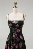Black Pink Floral A Line Spaghetti Straps Backless Chiffon Long Bridesmaid Dress