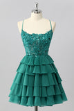 Dark Green A-Line Spaghetti Straps Sequin Short Homecoming Dress with Ruffles