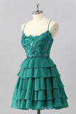Dark Green A-Line Spaghetti Straps Sequin Short Homecoming Dress with Ruffles