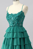 Dark Green A-Line Spaghetti Straps Sequin Short Homecoming Dress with Ruffles