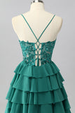 Dark Green A-Line Spaghetti Straps Sequin Short Homecoming Dress with Ruffles