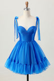 Royal Blue A Line Spaghetti Straps Ruffle Homecoming Dress with Lace Up Back