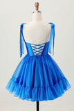 Royal Blue A Line Spaghetti Straps Ruffle Homecoming Dress with Lace Up Back