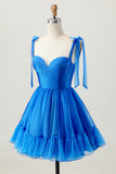 Royal Blue A Line Spaghetti Straps Ruffle Homecoming Dress with Lace Up Back