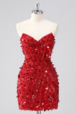 Sparkly Red Bodycon Strapless Corset Homecoming Dress With Sequins