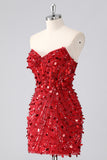 Sparkly Red Bodycon Strapless Corset Homecoming Dress With Sequins