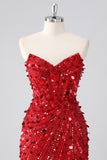 Sparkly Red Bodycon Strapless Corset Homecoming Dress With Sequins